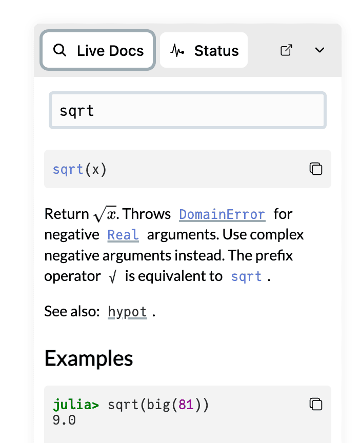 Screenshot of the Live Docs tab, showing documentation for the sqrt function.